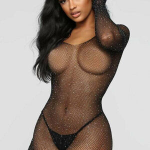 Rhinestone Fishnet Long Sleeved Crotchless Bodystocking